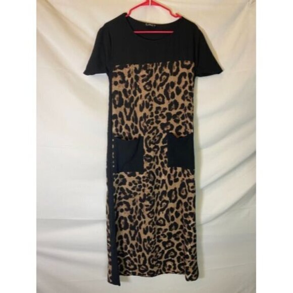 WOMENS SIZE LARGE L ANIMAL PRINT BLACK DRESS LONG SHORT SLEEVE - Picture 1 of 1